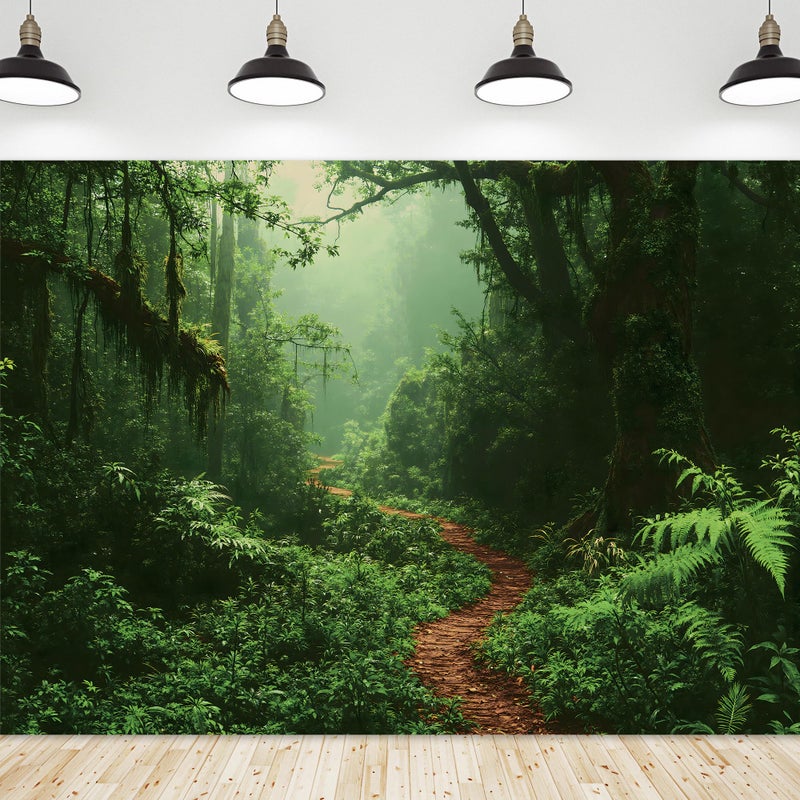Riyidecor Jungle Rainforest Backdrop Fabric Polyester Spring Enchanted Nature Trees Green Dreamland Dirt Road Photography Background 7Wx5H Feet Decoration Props Party Photo Shoot Backdrop - Image 1